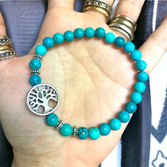 Turquoise 6mm silver tree of life bead bracelet - Picture 2 of 5
